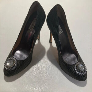 BADGLEY MISCHKA Sz 10 Jewelled Diamond Toe Cap Gold Specs 5”  Heels Pumps